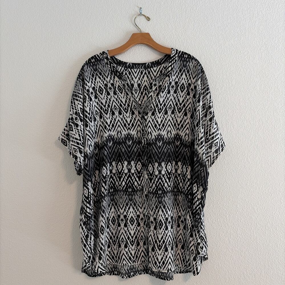 FADED GLORY Womens Plus Size 3X Short Sleeve Button Front Tribal Peasant Shirt